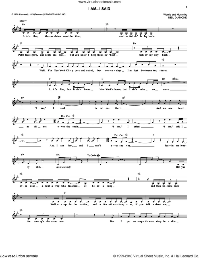 I Am...I Said sheet music for voice and other instruments (fake book) by Neil Diamond, intermediate skill level