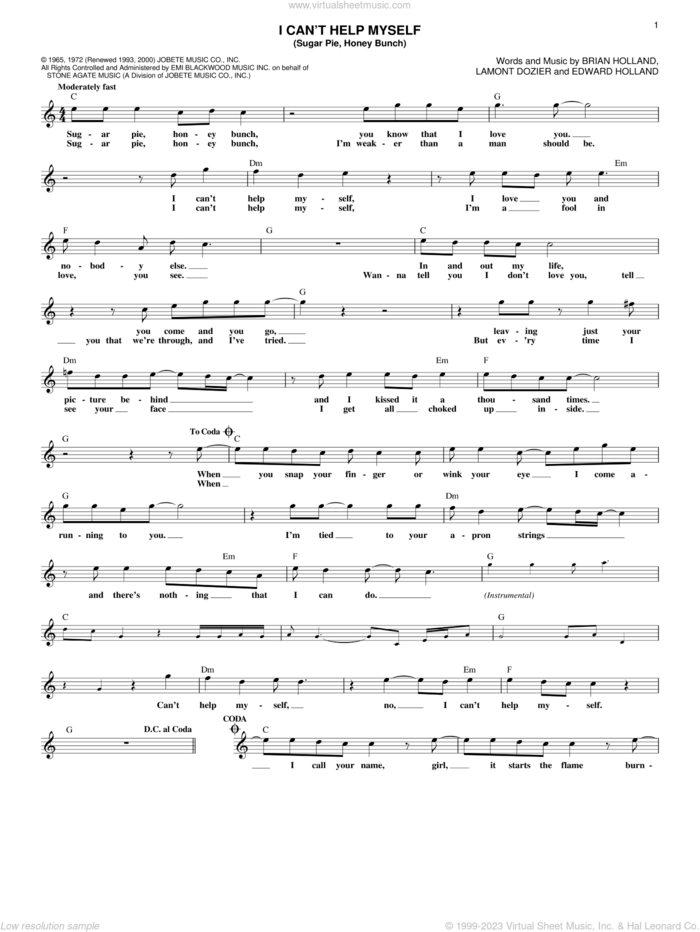 I Can't Help Myself (Sugar Pie, Honey Bunch) sheet music for voice and other instruments (fake book) by The Four Tops, Brian Holland, Eddie Holland and Lamont Dozier, intermediate skill level