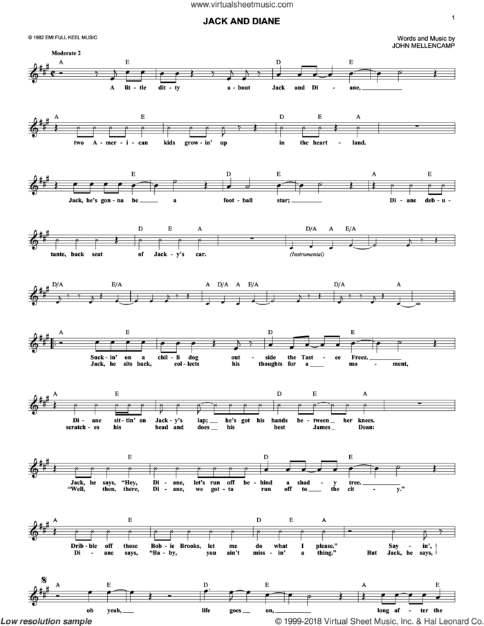 Jack And Diane sheet music for voice and other instruments (fake book) by John Mellencamp, intermediate skill level