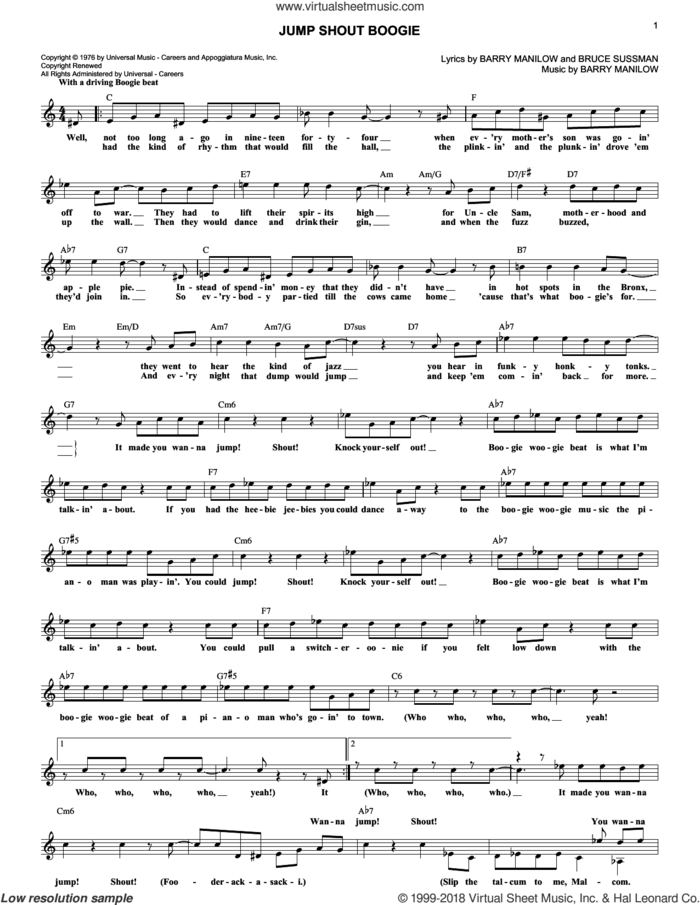 Jump Shout Boogie sheet music for voice and other instruments (fake book) by Barry Manilow and Bruce Sussman, intermediate skill level