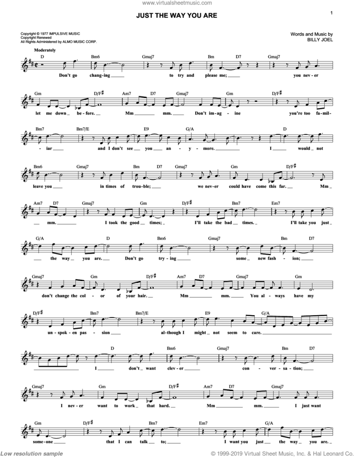 Just The Way You Are sheet music for voice and other instruments (fake book) by Billy Joel, wedding score, intermediate skill level