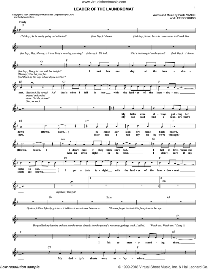 Leader Of The Laundromat sheet music for voice and other instruments (fake book) by The Detergents, Lee Pockriss and Paul Vance, intermediate skill level