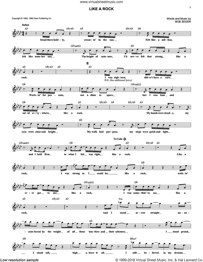 Like A Rock sheet music for voice and other instruments (fake book) by Bob Seger, intermediate skill level