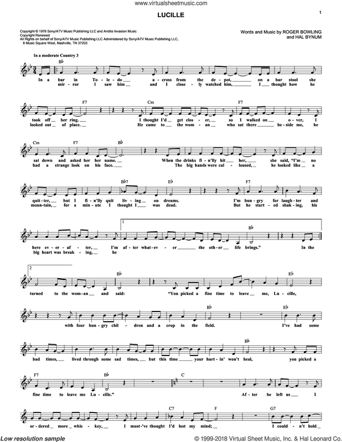 Lucille sheet music for voice and other instruments (fake book) by Kenny Rogers, Hal Bynum and Roger Bowling, intermediate skill level