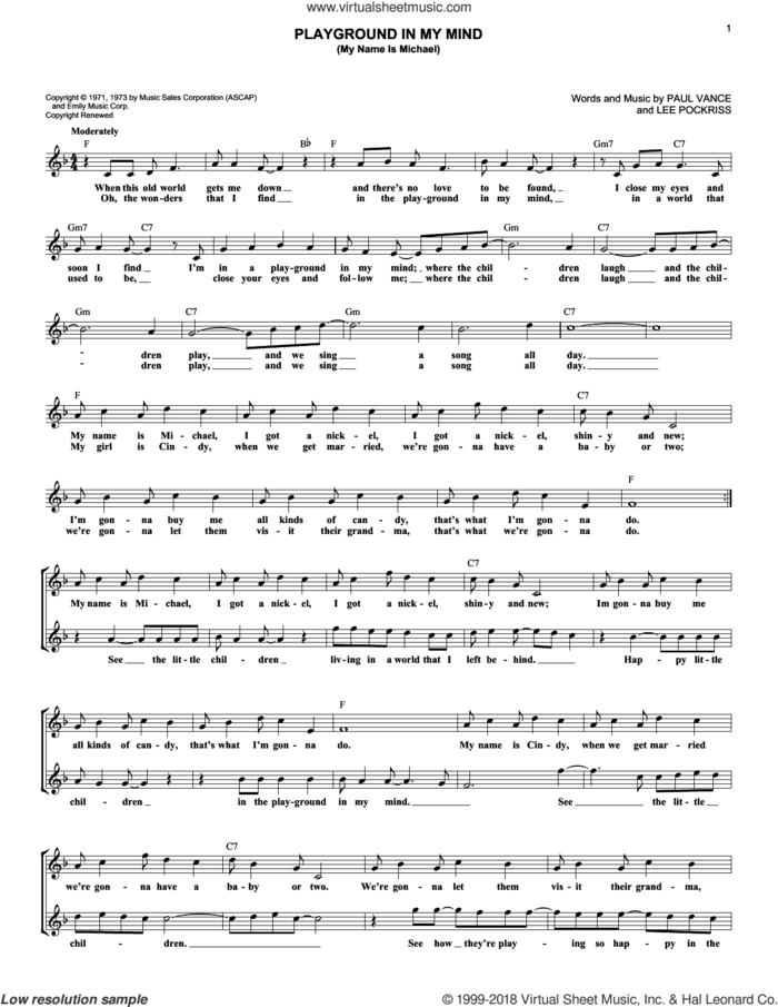 Playground In My Mind (My Name Is Michael) sheet music for voice and other instruments (fake book) by Clint Holmes, Lee Pockriss and Paul Vance, intermediate skill level