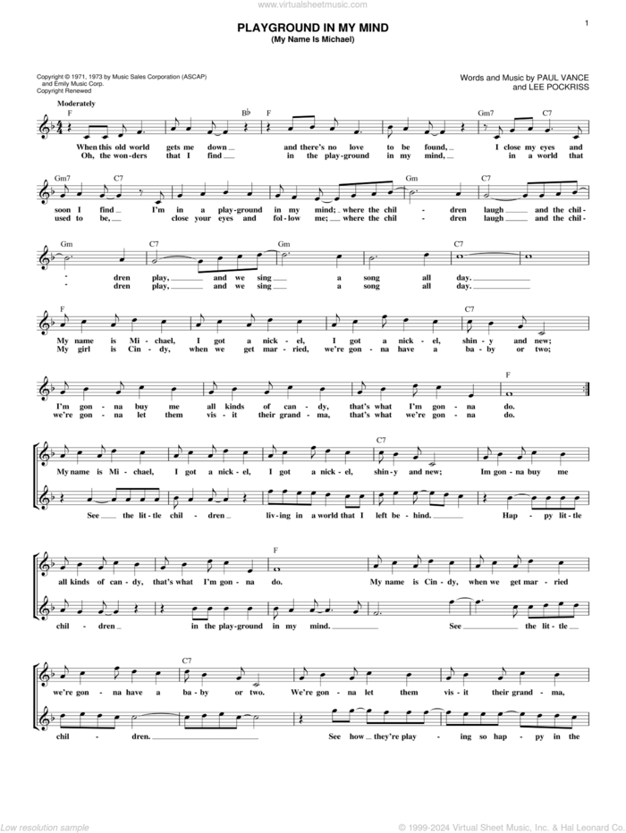 Playground In My Mind (My Name Is Michael) sheet music for voice and other instruments (fake book) by Clint Holmes, Lee Pockriss and Paul Vance, intermediate skill level