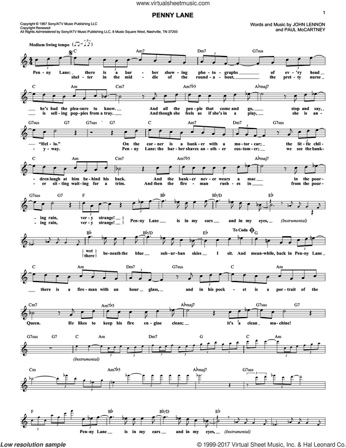 Penny Lane sheet music for voice and other instruments (fake book) by The Beatles, John Lennon and Paul McCartney, intermediate skill level