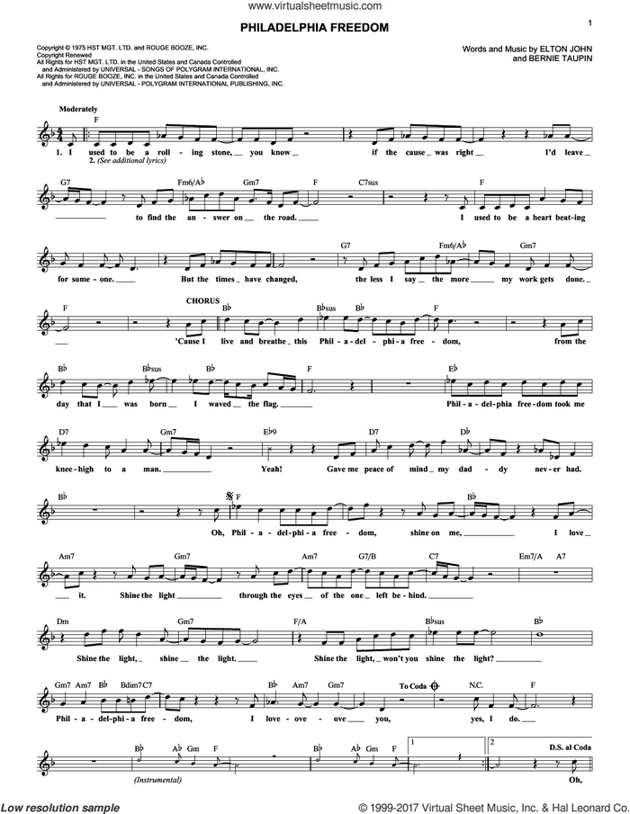 Philadelphia Freedom sheet music for voice and other instruments (fake book) by Elton John and Bernie Taupin, intermediate skill level