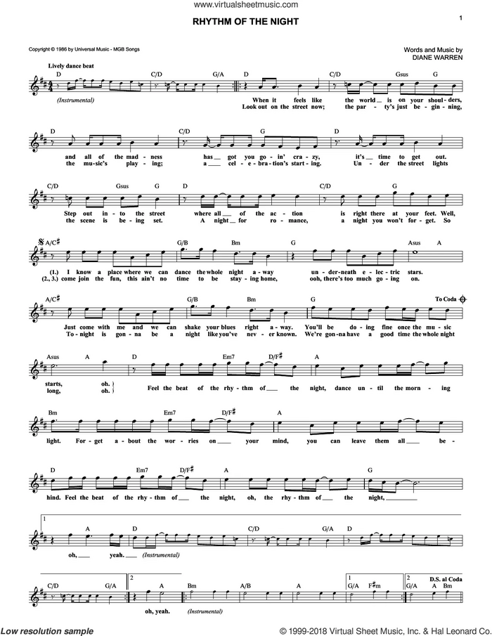 Rhythm Of The Night sheet music for voice and other instruments (fake book) by DeBarge and Diane Warren, intermediate skill level