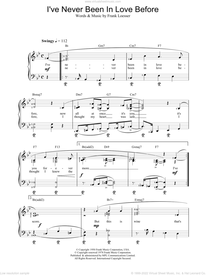 Ive Never Been In Love Before sheet music for piano solo by Frank Loesser and F Loesser, intermediate skill level