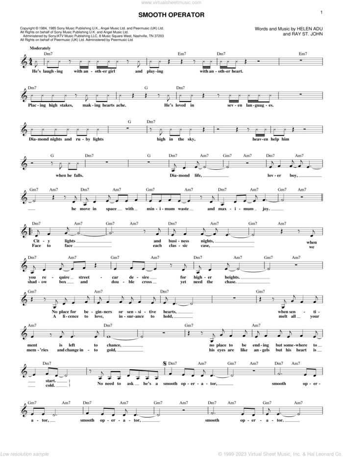 Smooth Operator sheet music for voice and other instruments (fake book) by Sade, Helen Adu and Ray St. John, intermediate skill level