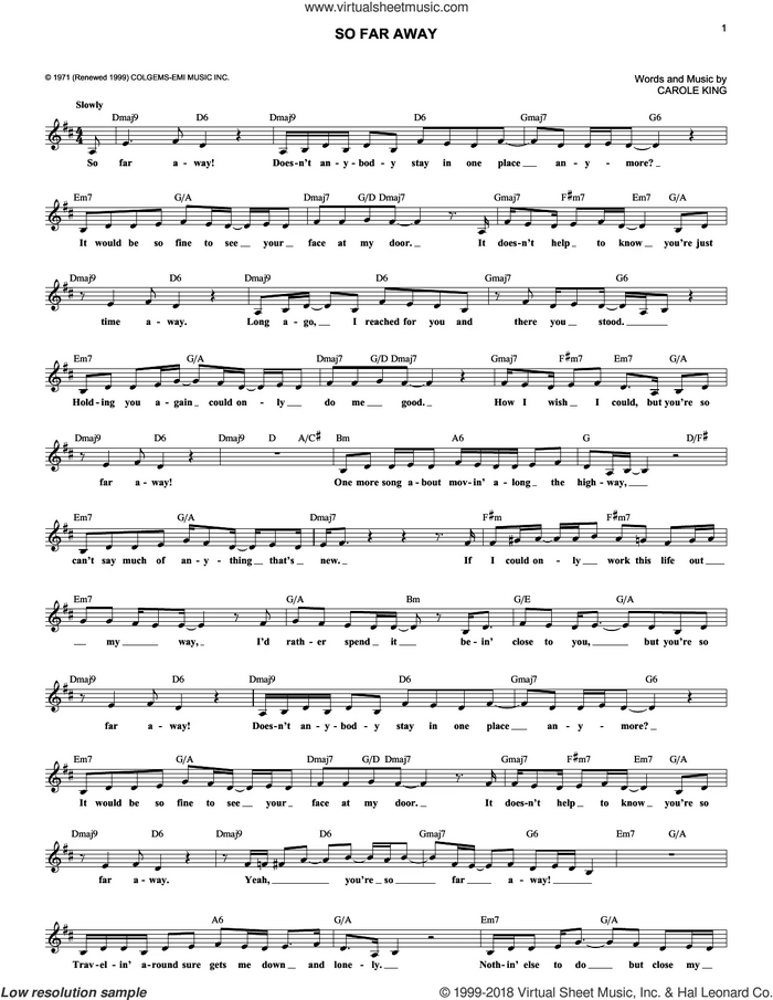 So Far Away sheet music for voice and other instruments (fake book) by Carole King, intermediate skill level