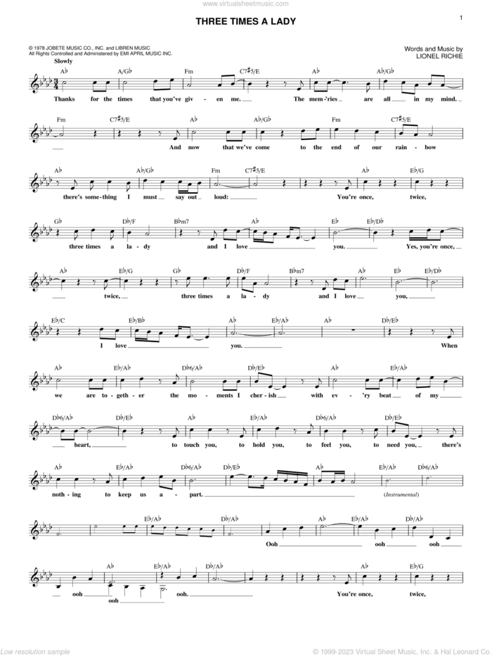 Three Times A Lady sheet music for voice and other instruments (fake book) by The Commodores and Lionel Richie, intermediate skill level