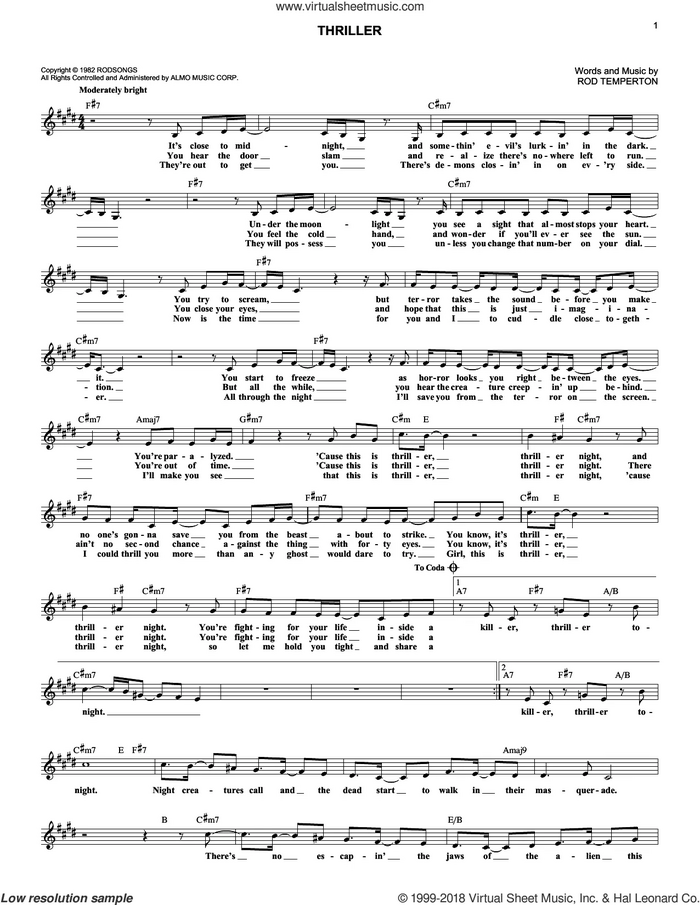 Thriller sheet music for voice and other instruments (fake book) by Michael Jackson and Rod Temperton, intermediate skill level