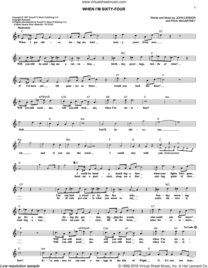 When I'm Sixty-Four sheet music for voice and other instruments (fake book) by The Beatles, John Lennon and Paul McCartney, intermediate skill level
