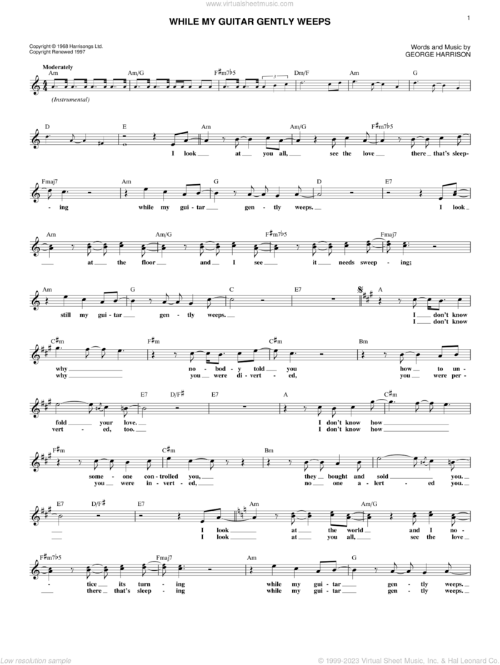 While My Guitar Gently Weeps sheet music for voice and other instruments (fake book) by The Beatles and George Harrison, intermediate skill level