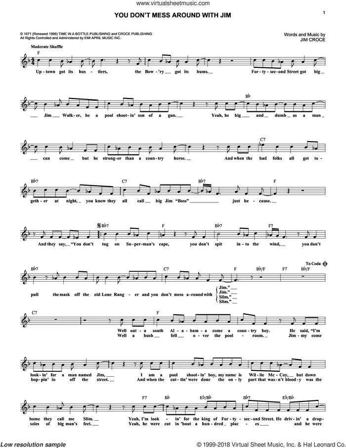 You Don't Mess Around With Jim sheet music for voice and other instruments (fake book) by Jim Croce, intermediate skill level