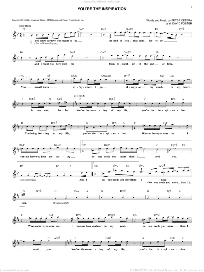 You're The Inspiration sheet music for voice and other instruments (fake book) by Chicago, David Foster and Peter Cetera, wedding score, intermediate skill level