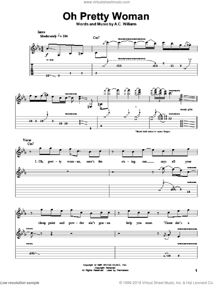 Oh Pretty Woman sheet music for guitar (tablature, play-along) by Gary Moore, Albert King and A.C. Williams, intermediate skill level