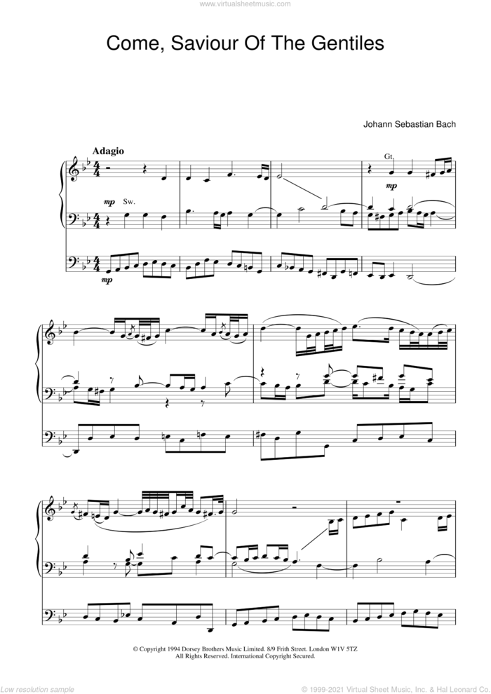 Come, Saviour Of The Gentiles sheet music for organ by Johann Sebastian Bach, classical score, intermediate skill level
