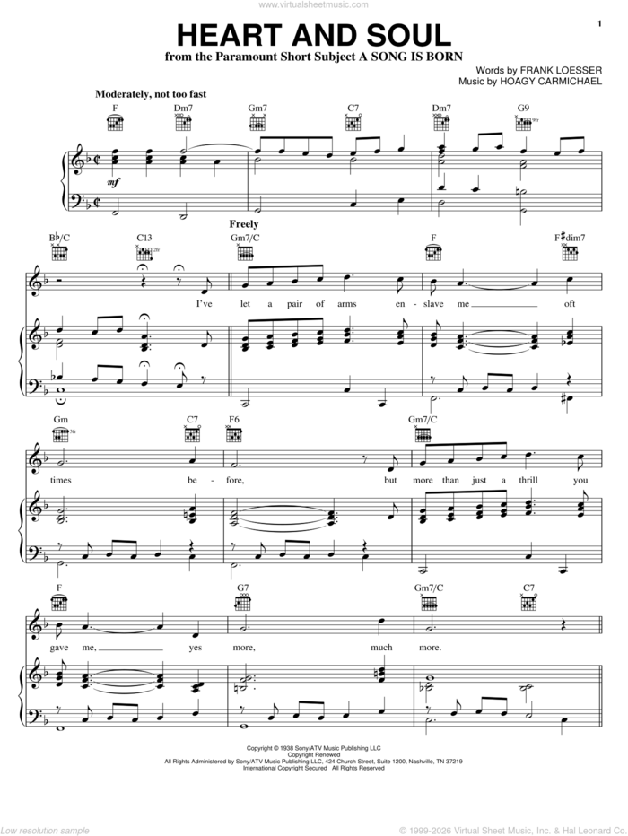 Heart And Soul sheet music for voice, piano or guitar by Hoagy Carmichael and Frank Loesser, wedding score, intermediate skill level