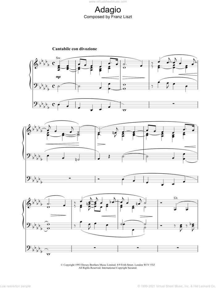 Adagio sheet music for organ by Franz Liszt, classical score, intermediate skill level