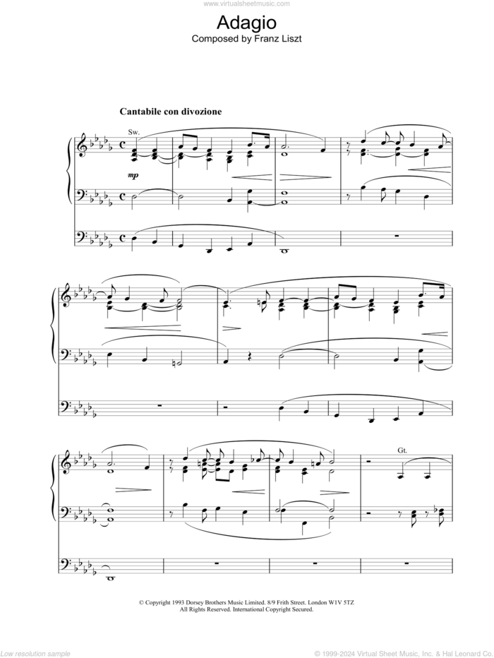 Adagio sheet music for organ by Franz Liszt, classical score, intermediate skill level