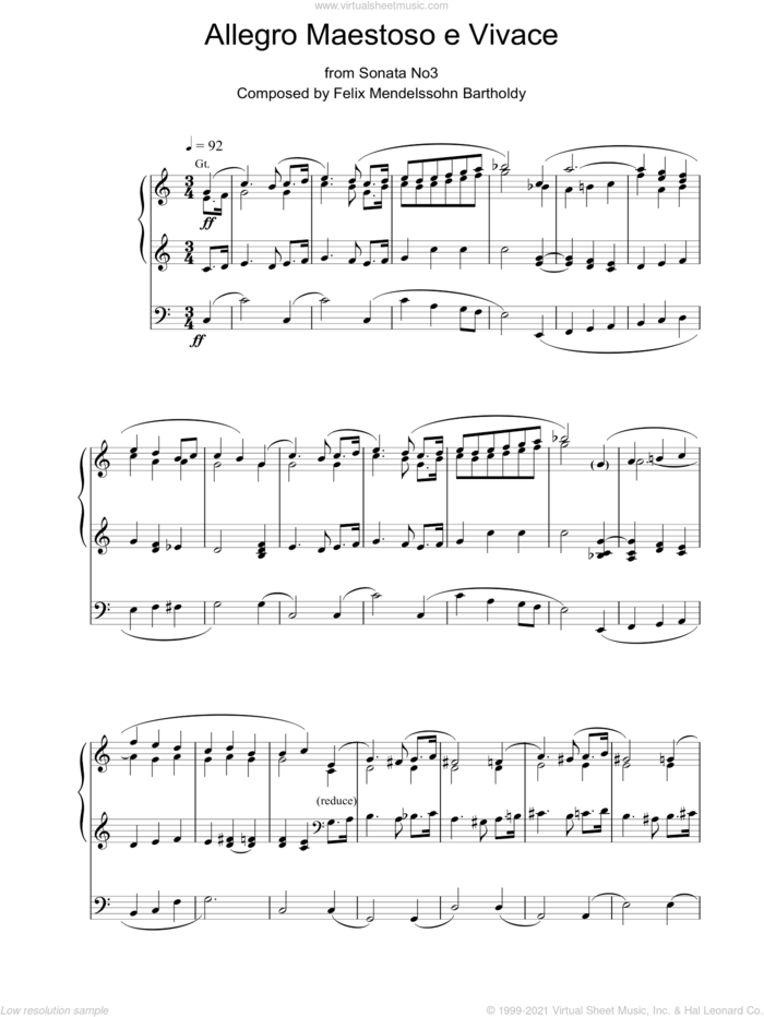 Allegro Maestoso e Vivace from Sonata No. 3 sheet music for organ by Felix Mendelssohn-Bartholdy, classical score, intermediate skill level