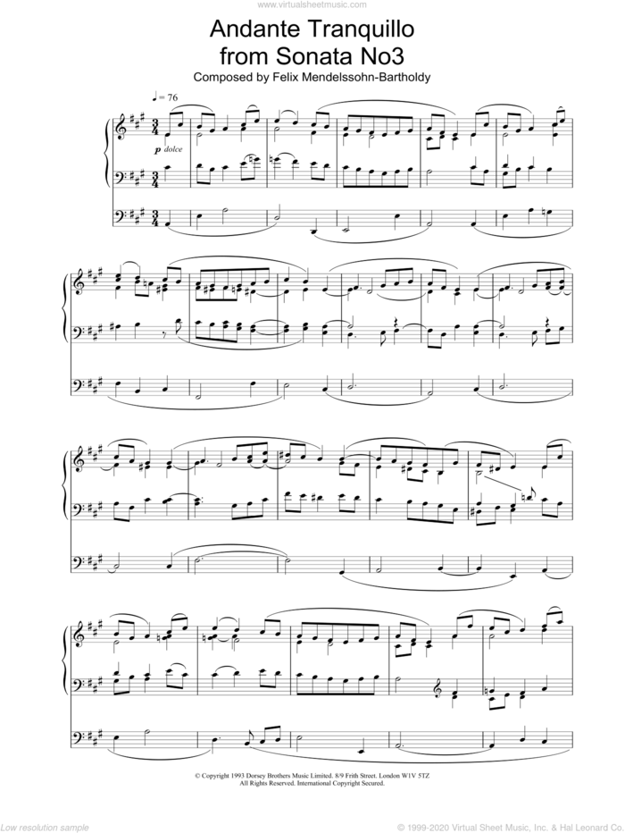 Andante Tranquillo from Sonata No3 sheet music for organ by Felix Mendelssohn-Bartholdy, classical score, intermediate skill level