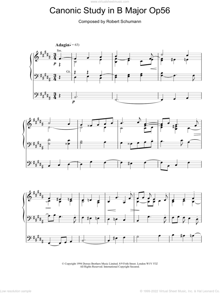Canonic Study in B Major Op56 sheet music for organ by Robert Schumann, classical score, intermediate skill level