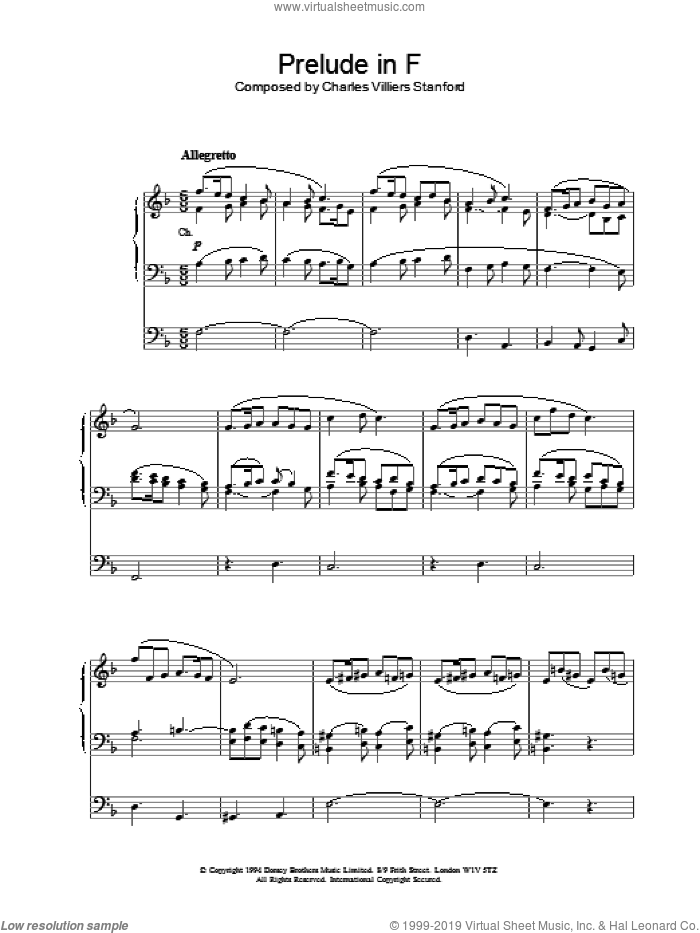 Prelude in F sheet music for organ by Charles Villiers Stanford, classical score, intermediate skill level