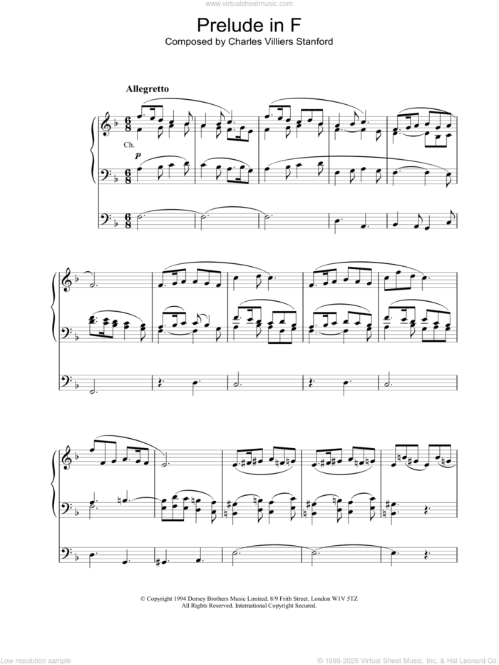 Prelude in F sheet music for organ by Charles Villiers Stanford, classical score, intermediate skill level