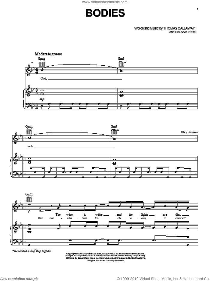 Bodies sheet music for voice, piano or guitar by Cee Lo Green, Salaam Remi and Thomas Callaway, intermediate skill level