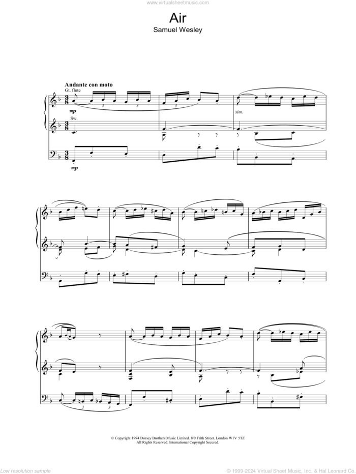 Air sheet music for organ by Samuel Sebastian Wesley, classical score, intermediate skill level