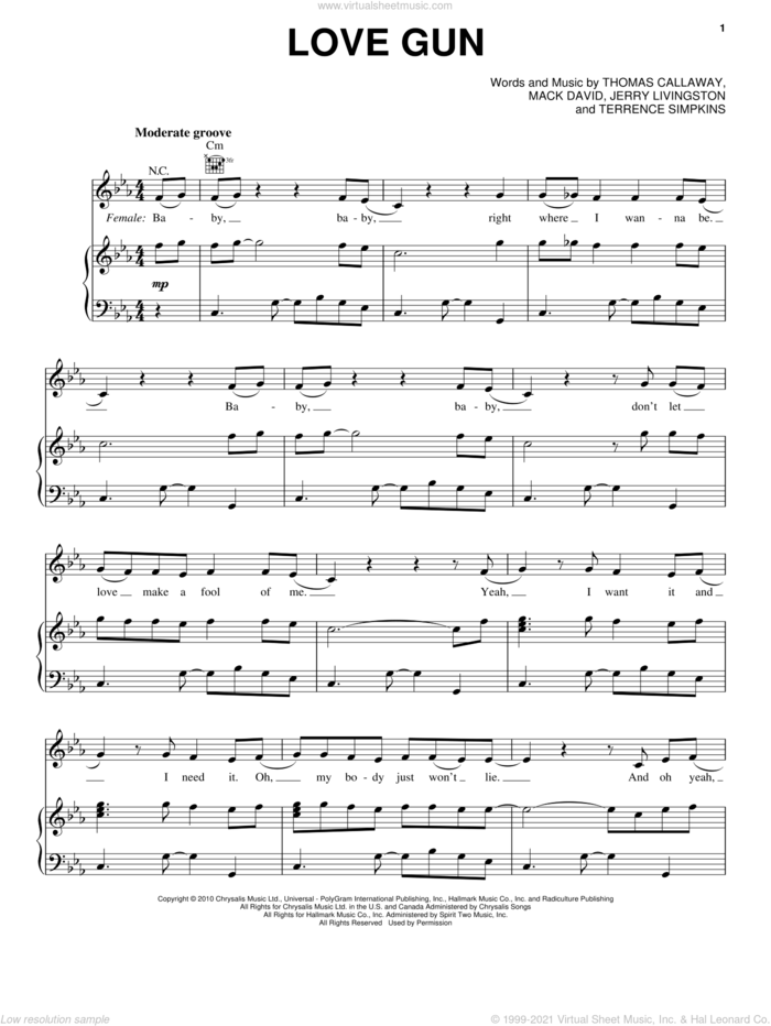 Love Gun sheet music for voice, piano or guitar by Cee Lo Green, Jerry Livingston, Mack David, Terrence Simpkins and Thomas Callaway, intermediate skill level