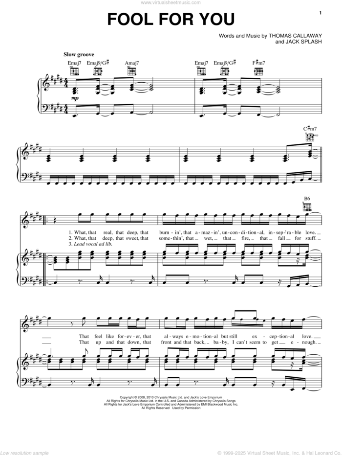 Fool For You sheet music for voice, piano or guitar by Cee Lo Green, Jack Splash and Thomas Callaway, intermediate skill level