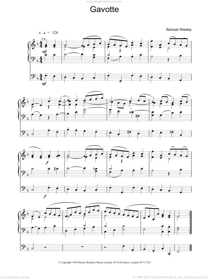Gavotte sheet music for organ by Samuel Sebastian Wesley, classical score, intermediate skill level