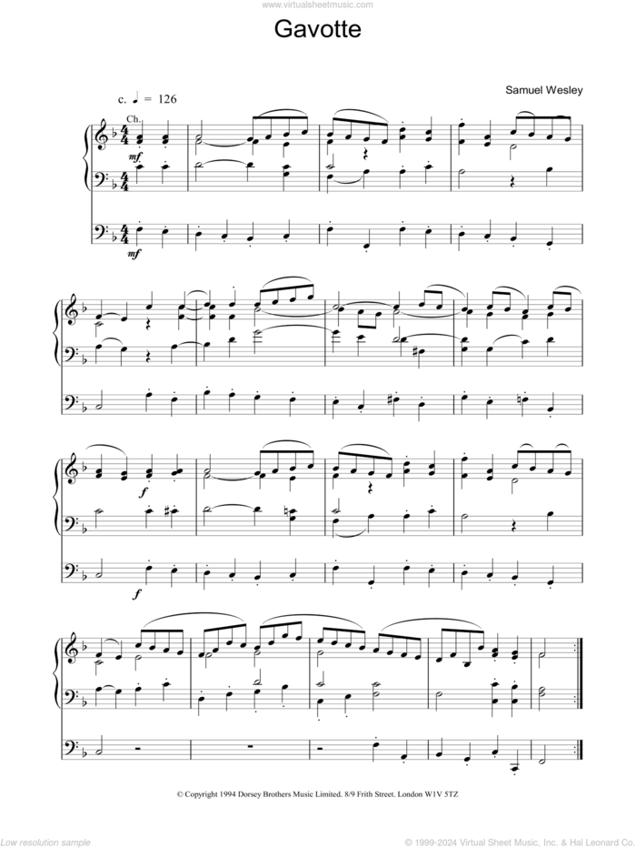 Gavotte sheet music for organ by Samuel Sebastian Wesley, classical score, intermediate skill level