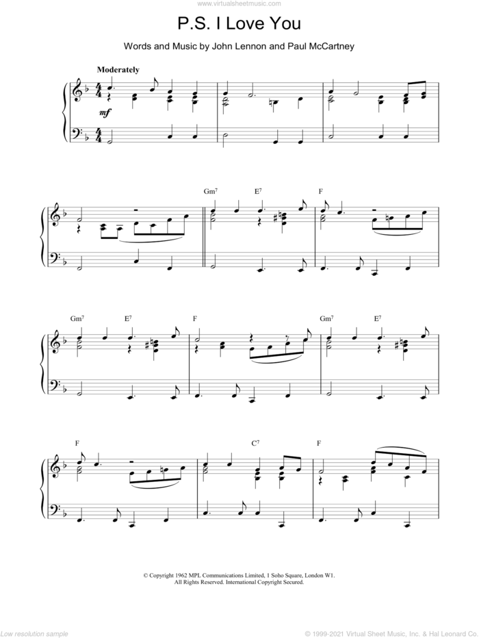 P.S. I Love You sheet music for piano solo by The Beatles, John Lennon and Paul McCartney, intermediate skill level