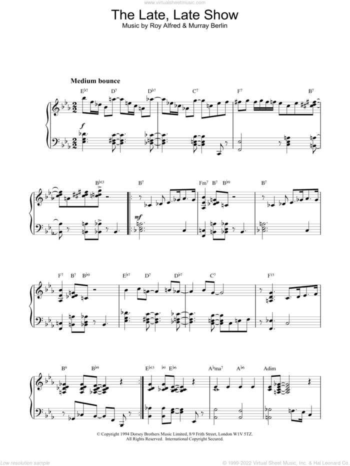 The Late, Late Show sheet music for piano solo by Dakota Staton, Murray Berlin and Roy Alfred, intermediate skill level