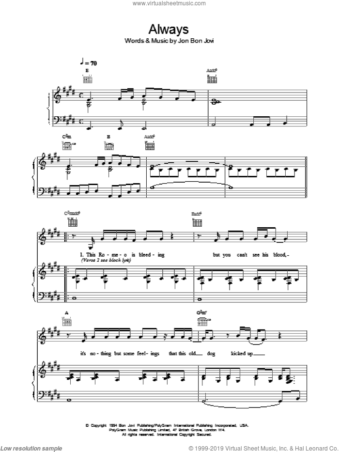 Always sheet music for voice, piano or guitar by Bon Jovi, intermediate skill level