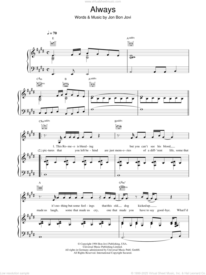 Always sheet music for voice, piano or guitar by Bon Jovi, intermediate skill level