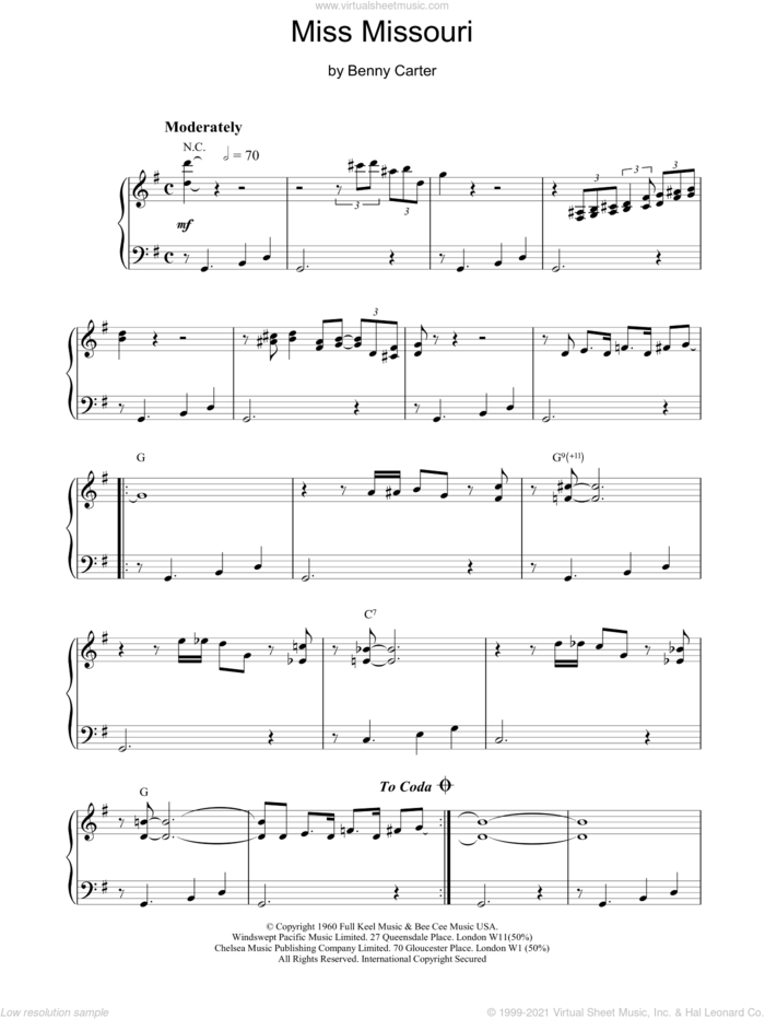 Miss Missouri sheet music for piano solo by Benny Carter, intermediate skill level