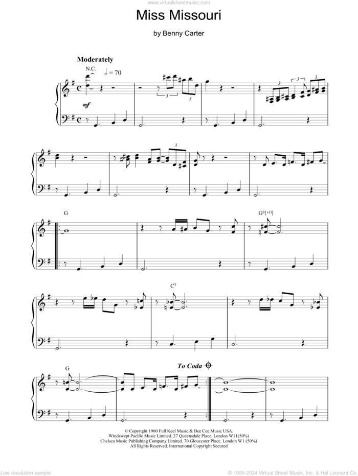 Miss Missouri sheet music for piano solo by Benny Carter, intermediate skill level