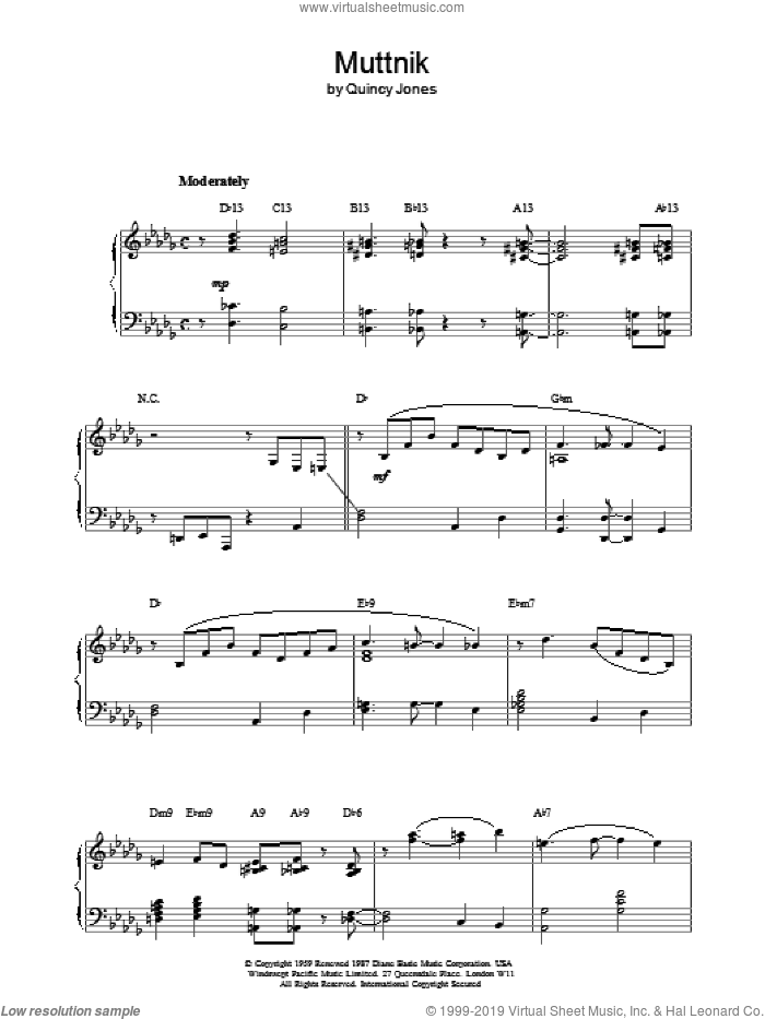 Muttnik sheet music for piano solo by Quincy Jones, intermediate skill level