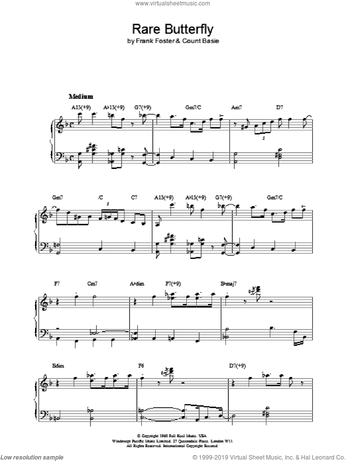 Rare Butterfly sheet music for piano solo by Count Basie and Frank Foster, intermediate skill level