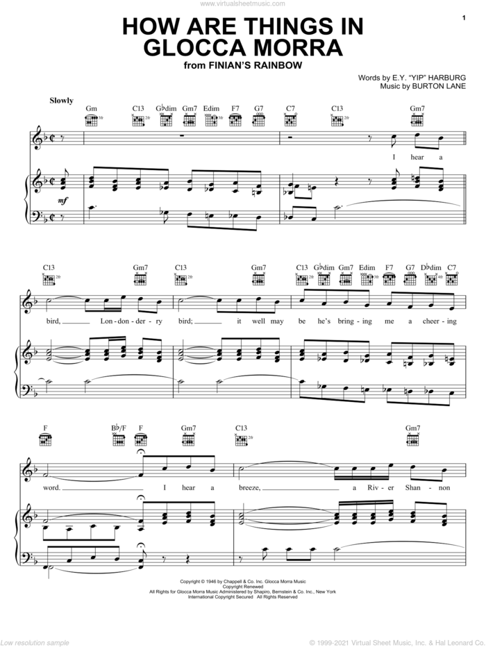 How Are Things In Glocca Morra sheet music for voice, piano or guitar by E.Y. Harburg and Burton Lane, intermediate skill level