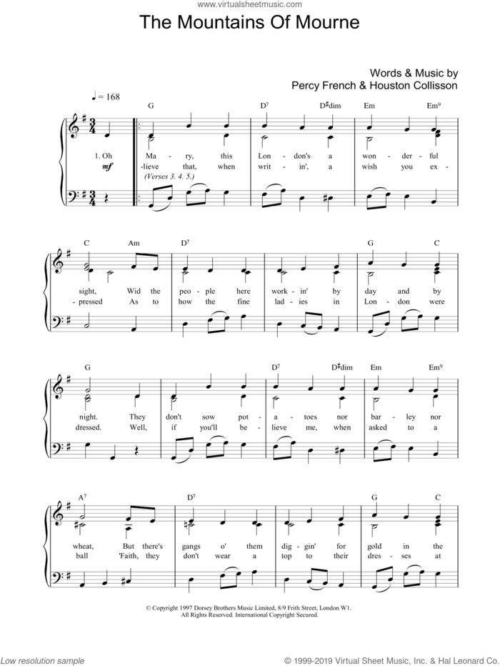 The Mountains Of Mourne sheet music for piano solo by Percy French, easy skill level