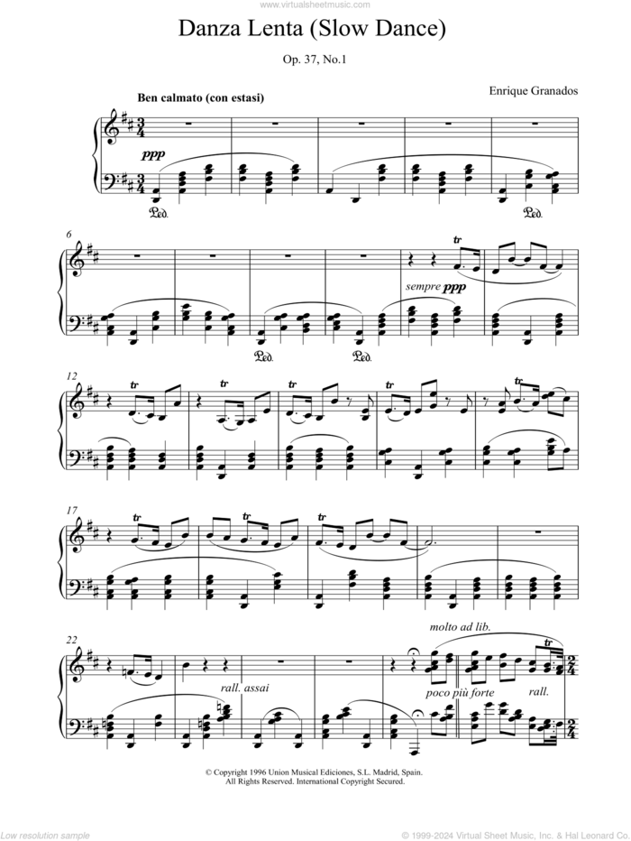 Danza Lenta Op37 No1 sheet music for piano solo by Enrique Granados, classical score, intermediate skill level