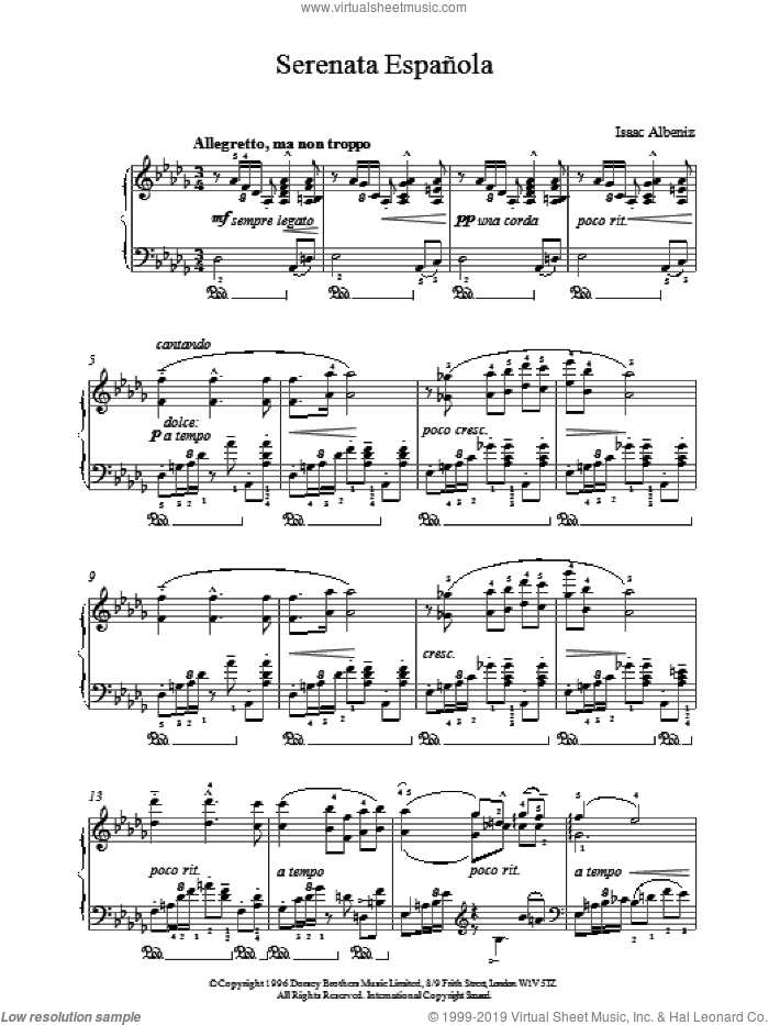 Serenata Espanola sheet music for piano solo by Isaac Albeniz, classical score, intermediate skill level